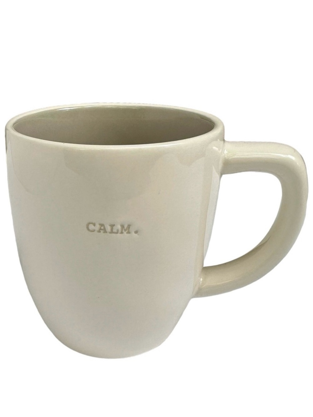 Rae Dunn CALM Mug White with Gray Letters and Interior Dimples NWT 2017 OG